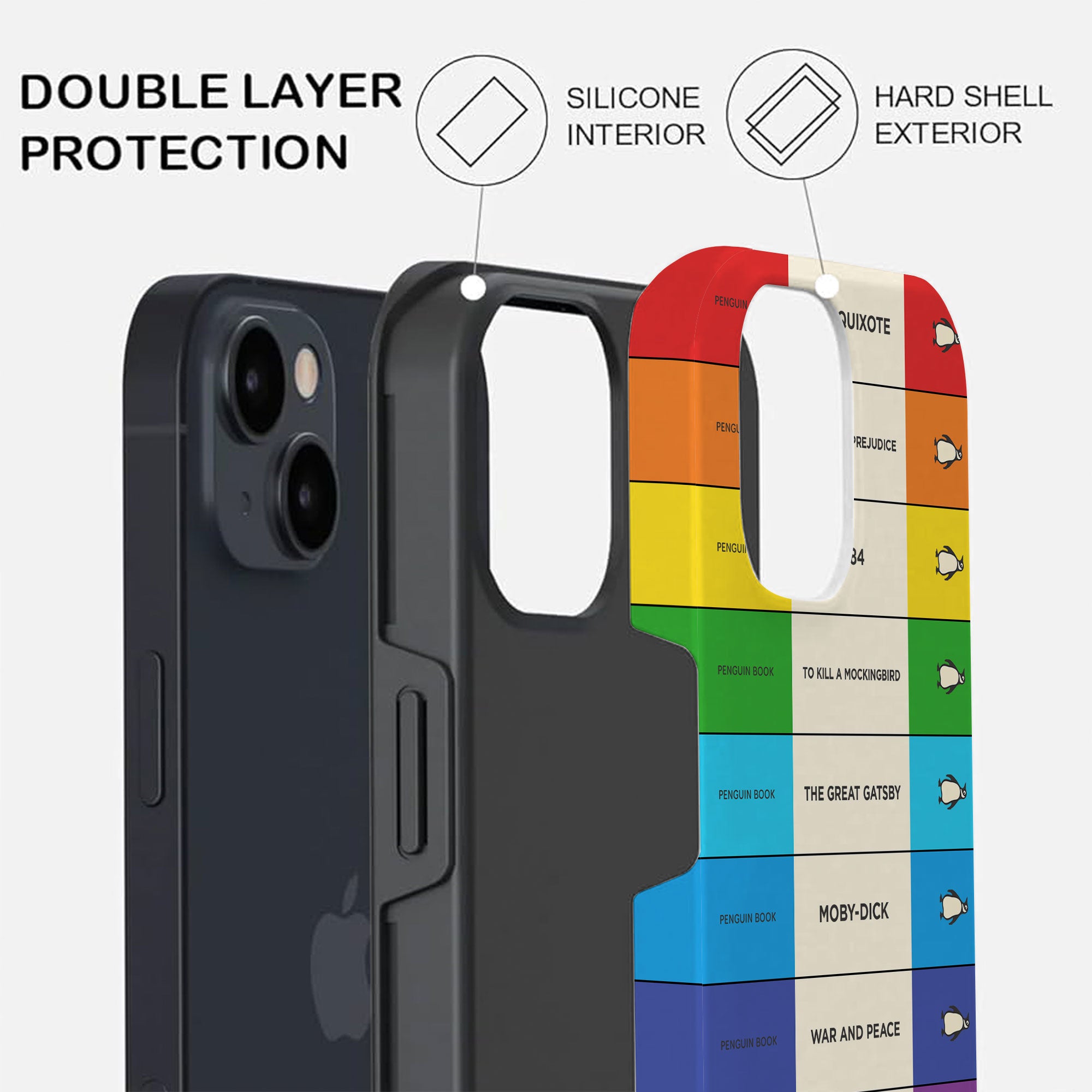 Custom Penguin Book Spines Phone Case - Personalized Hard Phone Case, Dual Layer Shockproof Drop Protection