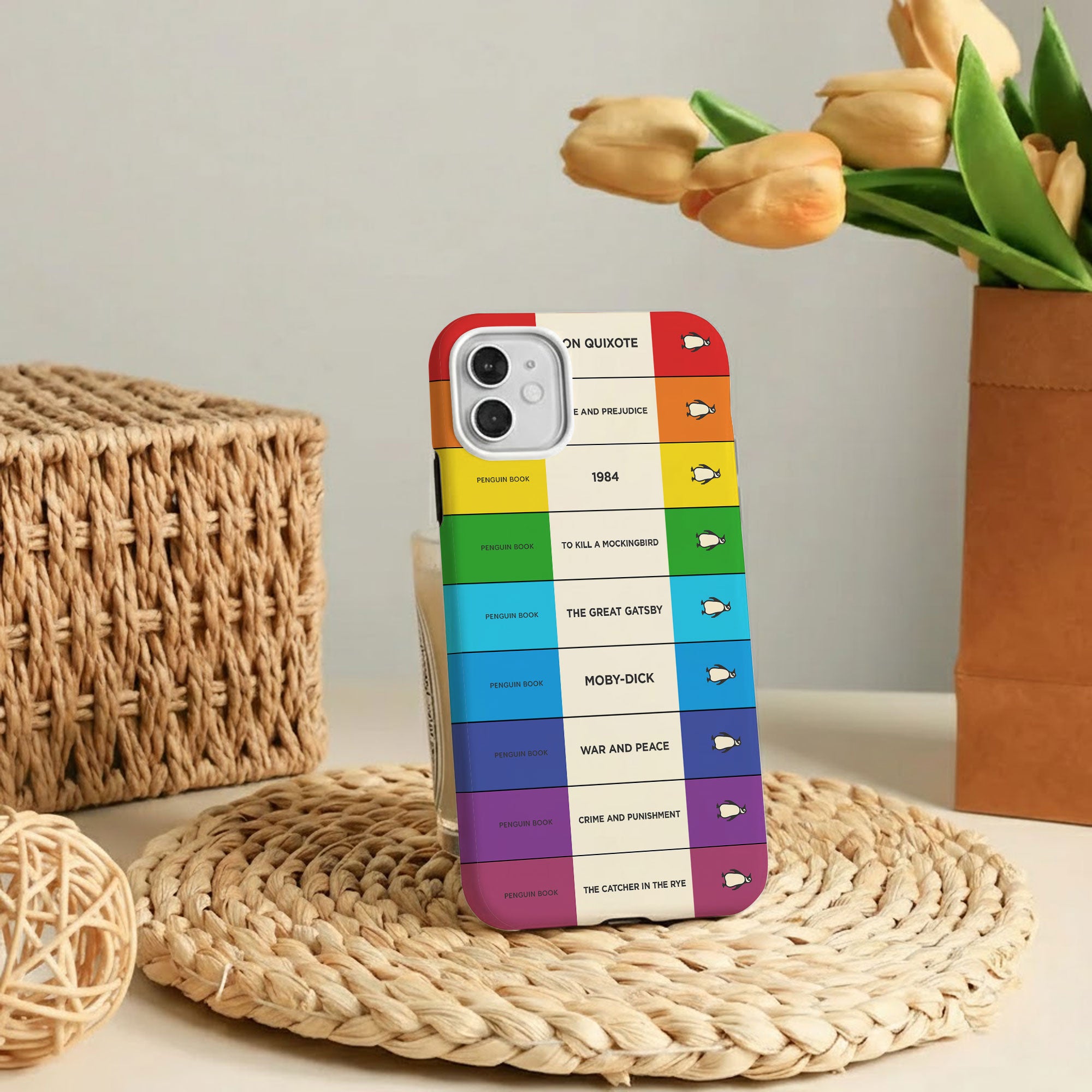 Custom Penguin Book Spines Phone Case - Personalized Hard Phone Case, Dual Layer Shockproof Drop Protection