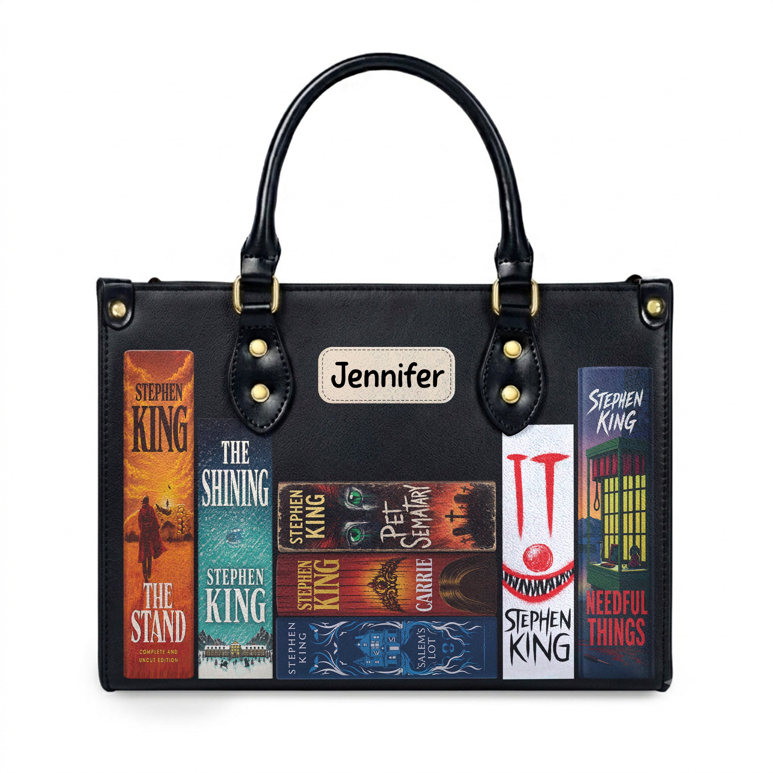Custom Stephen King Classic Book Spines Leather Handbag & Leather Wallet Collection - Personalized Bookish Handbag for Book Lovers