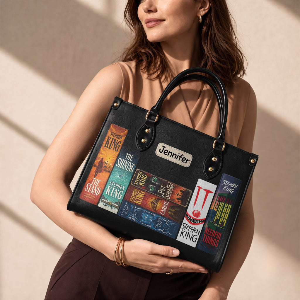 Custom Stephen King Classic Book Spines Leather Handbag & Leather Wallet Collection - Personalized Bookish Handbag for Book Lovers