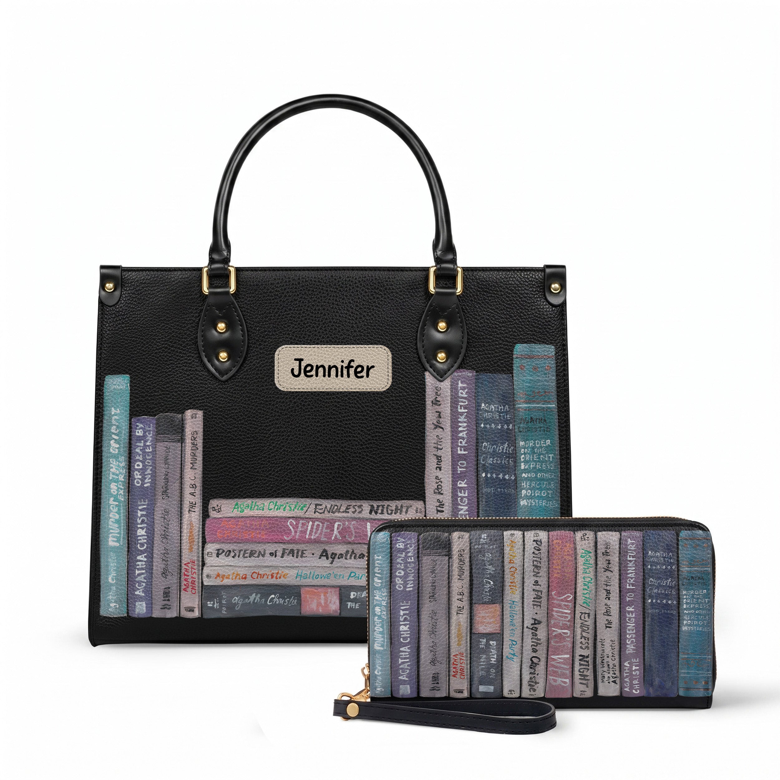 Custom Agatha Christie Classic Book Spines Leather Handbag & Leather Wallet Collection - Personalized Bookish Handbag for Book Lovers