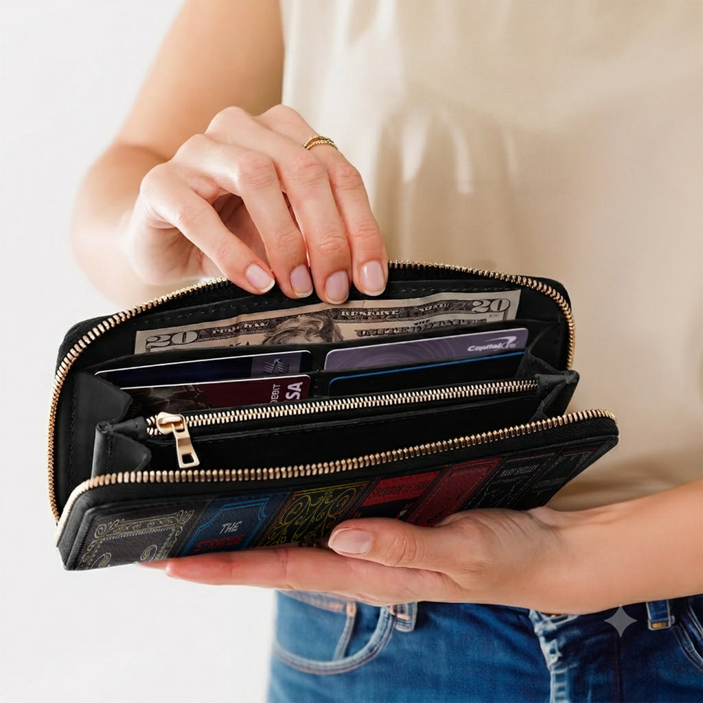 Custom Gothic Classic Book Spines Leather Handbag & Leather Wallet Collection - Personalized Bookish Handbag for Book Lovers