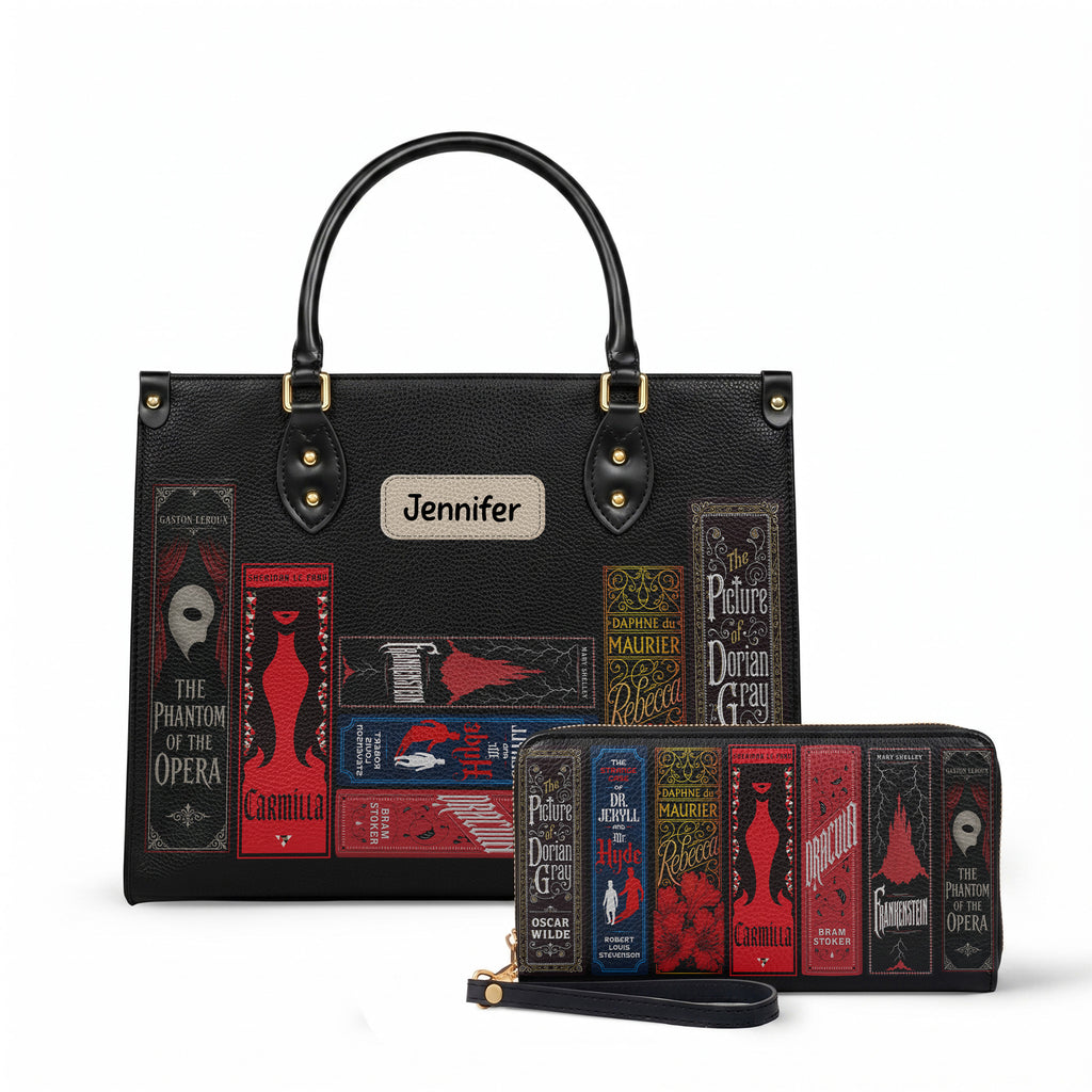 Custom Gothic Classic Book Spines Leather Handbag & Leather Wallet Collection - Personalized Bookish Handbag for Book Lovers