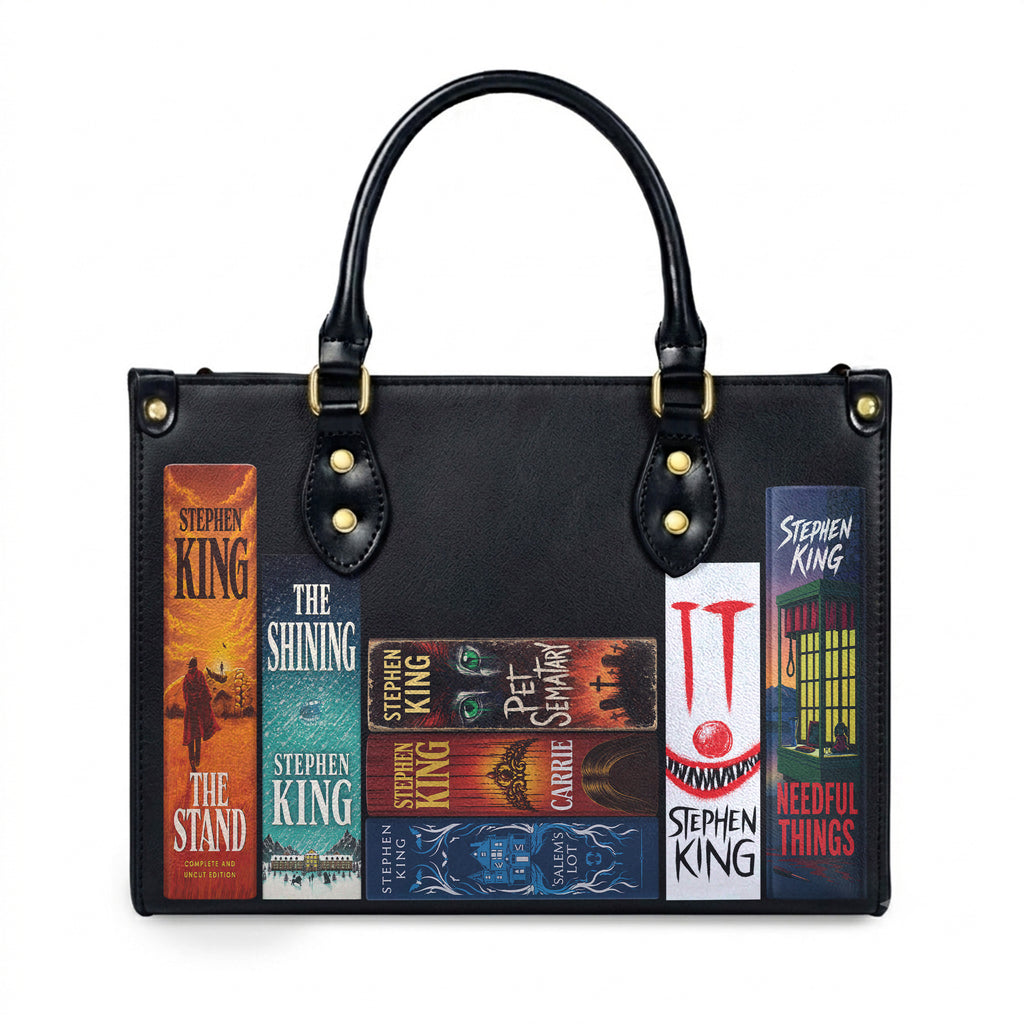 Custom Stephen King Classic Book Spines Leather Handbag & Leather Wallet Collection - Personalized Bookish Handbag for Book Lovers