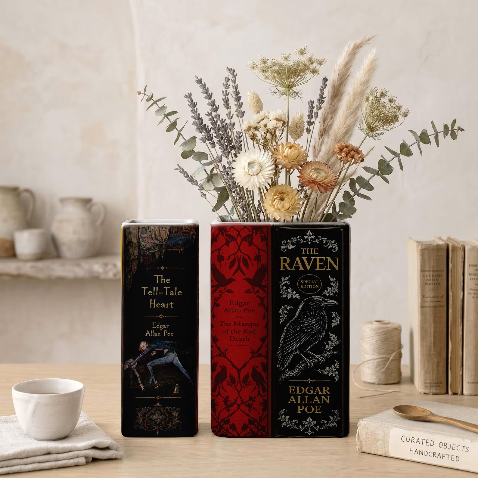 Edgar Allen Poe Book Spines Art Ceramic Book Vase - Horror Book Spines Bookish Decor - Unique Gift for Book Lovers