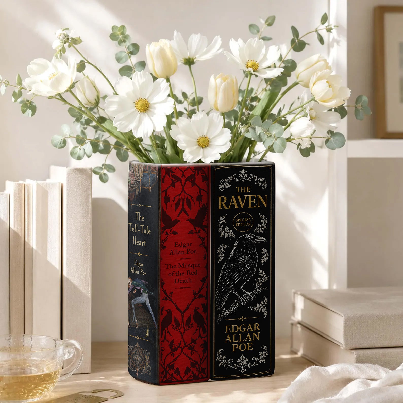 Edgar Allen Poe Book Spines Art Ceramic Book Vase - Horror Book Spines Bookish Decor - Unique Gift for Book Lovers