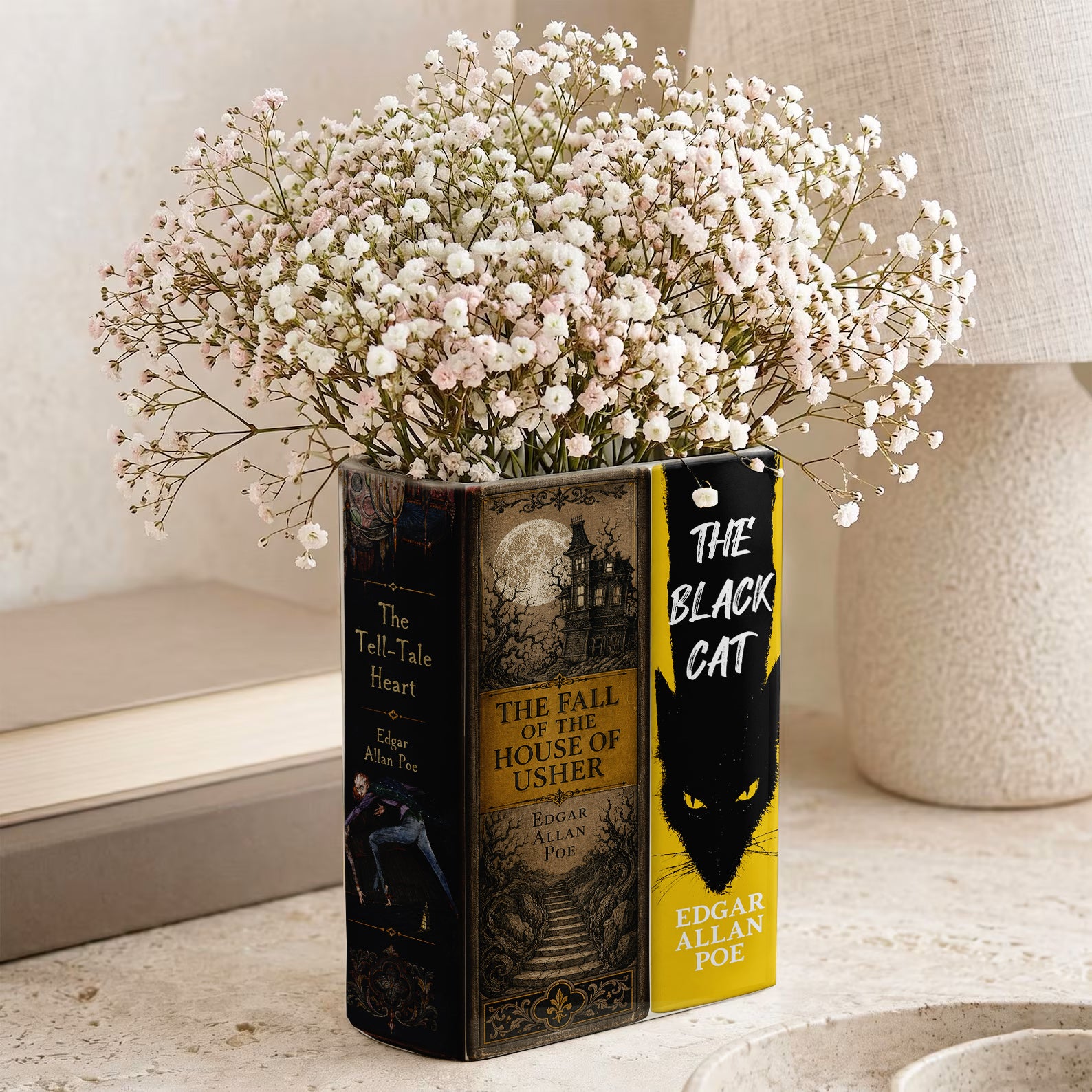 Edgar Allen Poe Book Spines Art Ceramic Book Vase - Horror Book Spines Bookish Decor - Unique Gift for Book Lovers