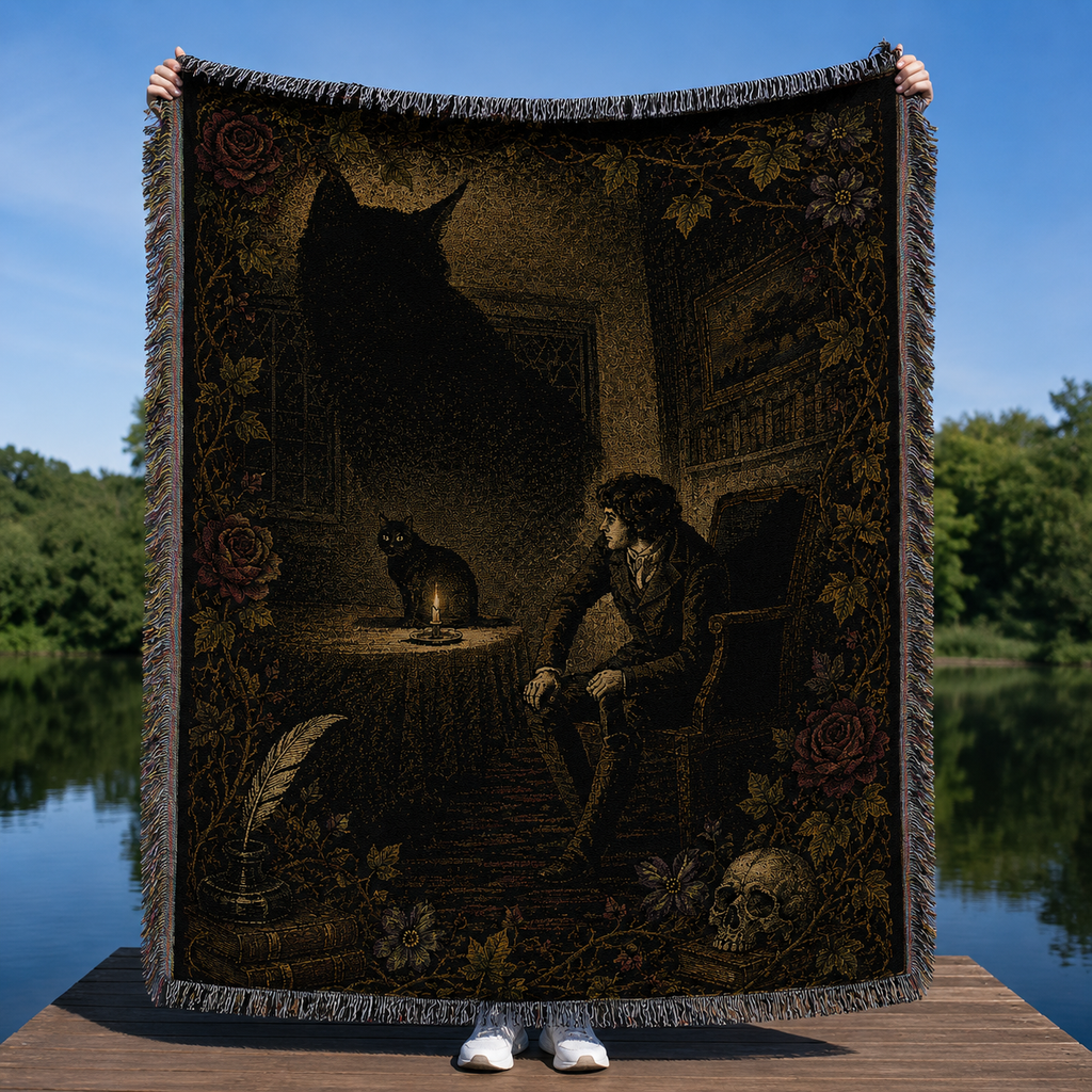 The Black Cat Illustration Woven Blanket - Gothic Tapestry Art Throw Blanket