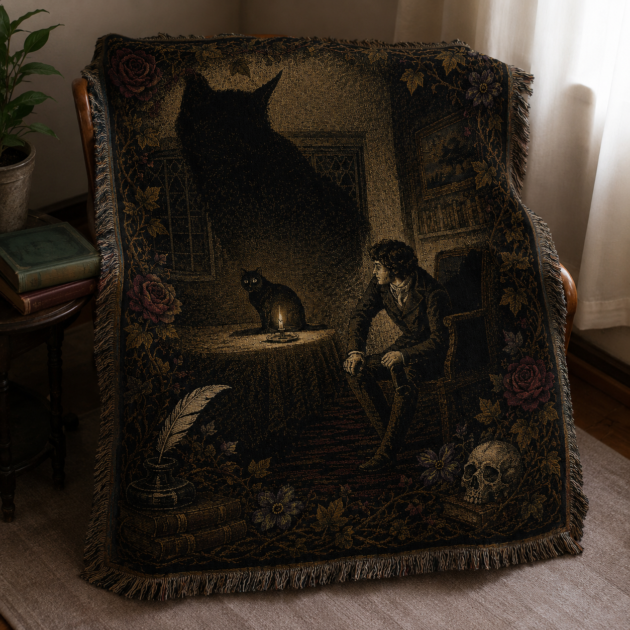 The Black Cat Illustration Woven Blanket - Gothic Tapestry Art Throw Blanket