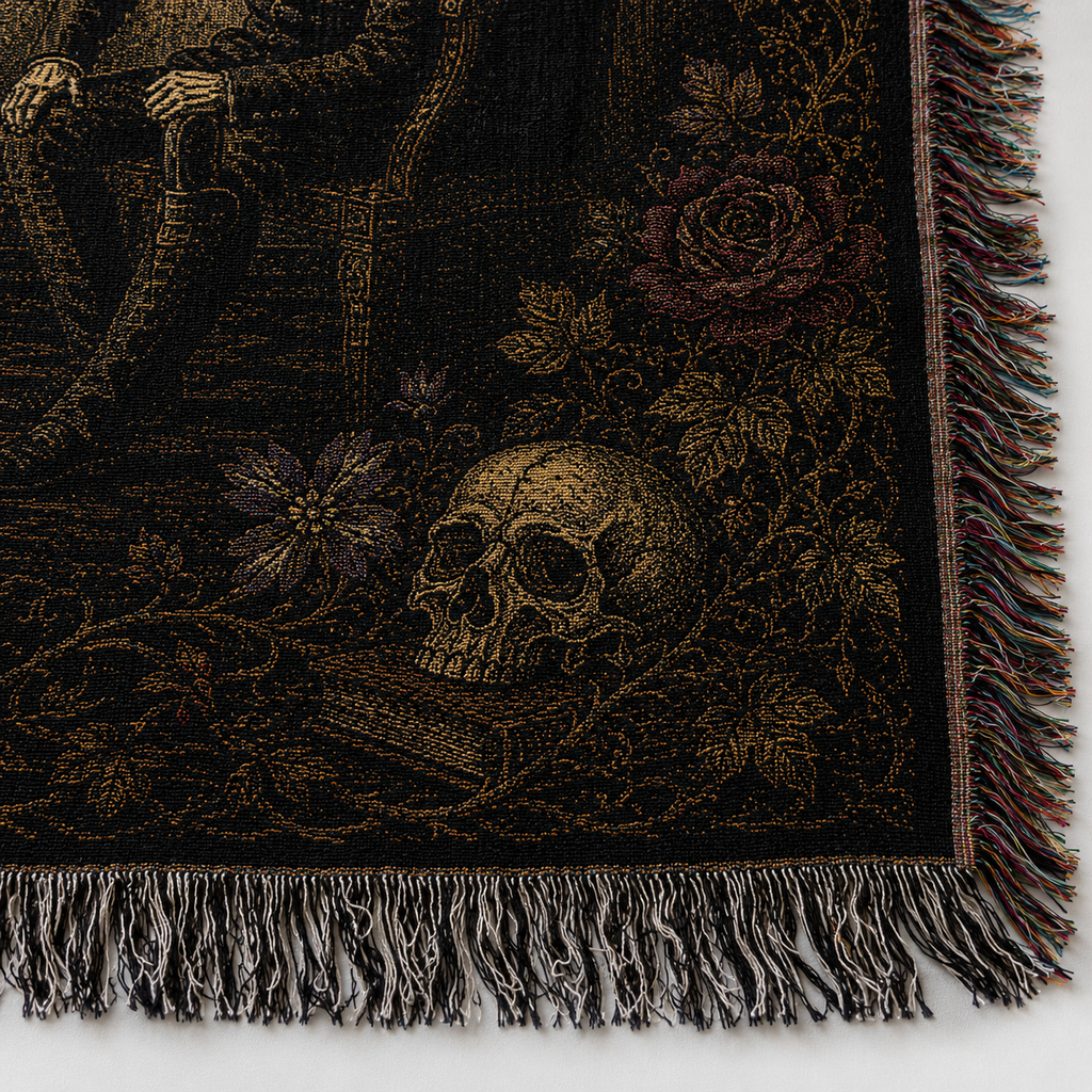 The Black Cat Illustration Woven Blanket - Gothic Tapestry Art Throw Blanket