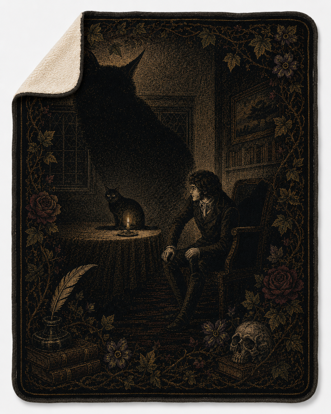 The Black Cat Illustration Woven Blanket - Gothic Tapestry Art Throw Blanket
