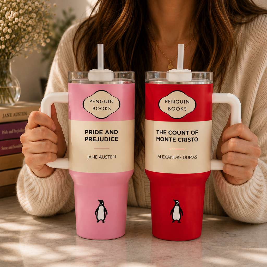 Custom Classic Penguin Book 40oz Tumbler Straw Lid and Handle - Personalized Literary-Themed Tumbler