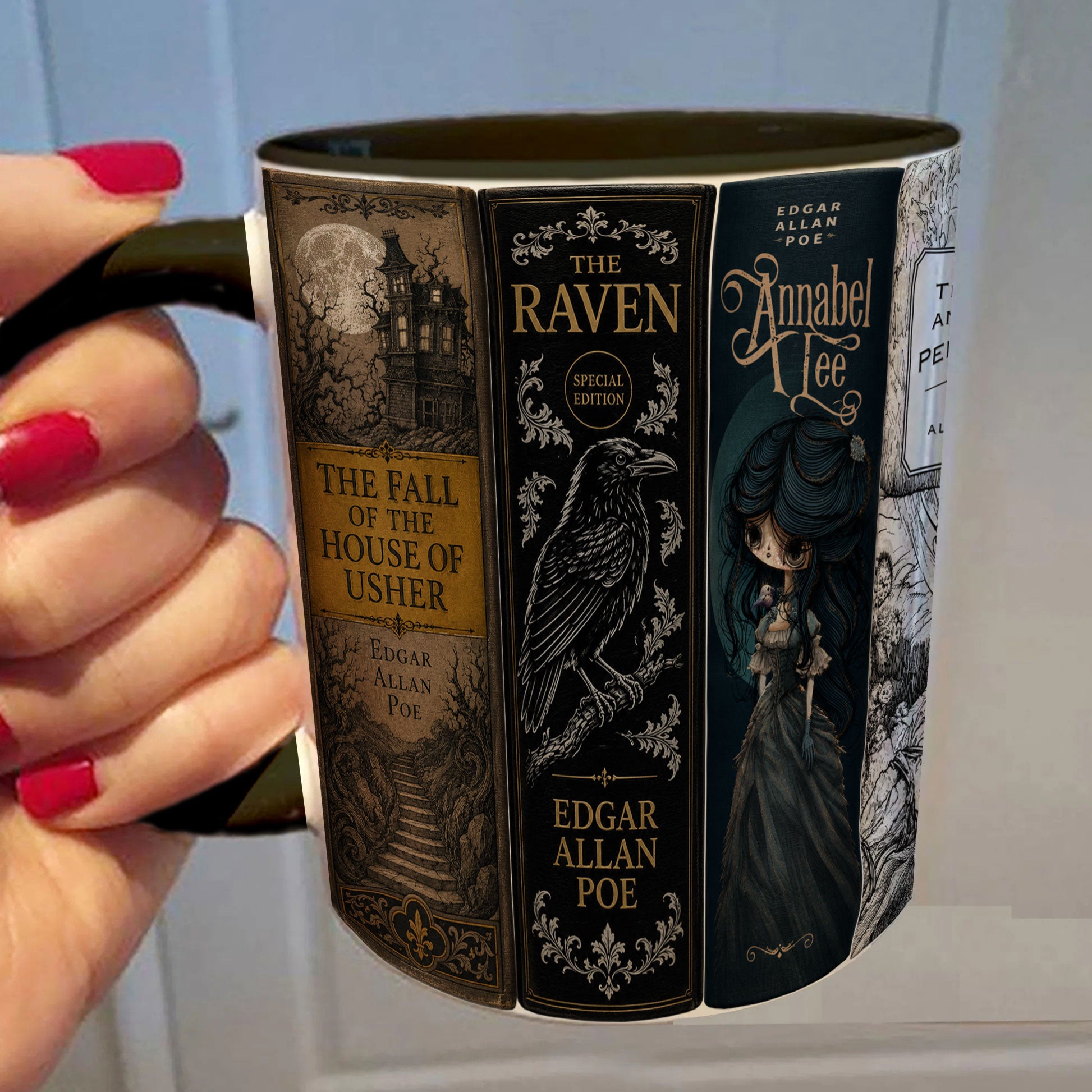 Edgar Allan Poe Classic Book Spines Accent Two-tone Mug - Bookish Two-tone Mug Gift - Unique Gift for Book Lovers