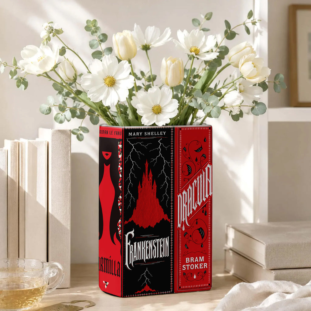 Gothic Classic Book Spines Art Ceramic Book Vase - Dark Literature Book Spines Bookish Decor - Unique Gift for Book Lovers