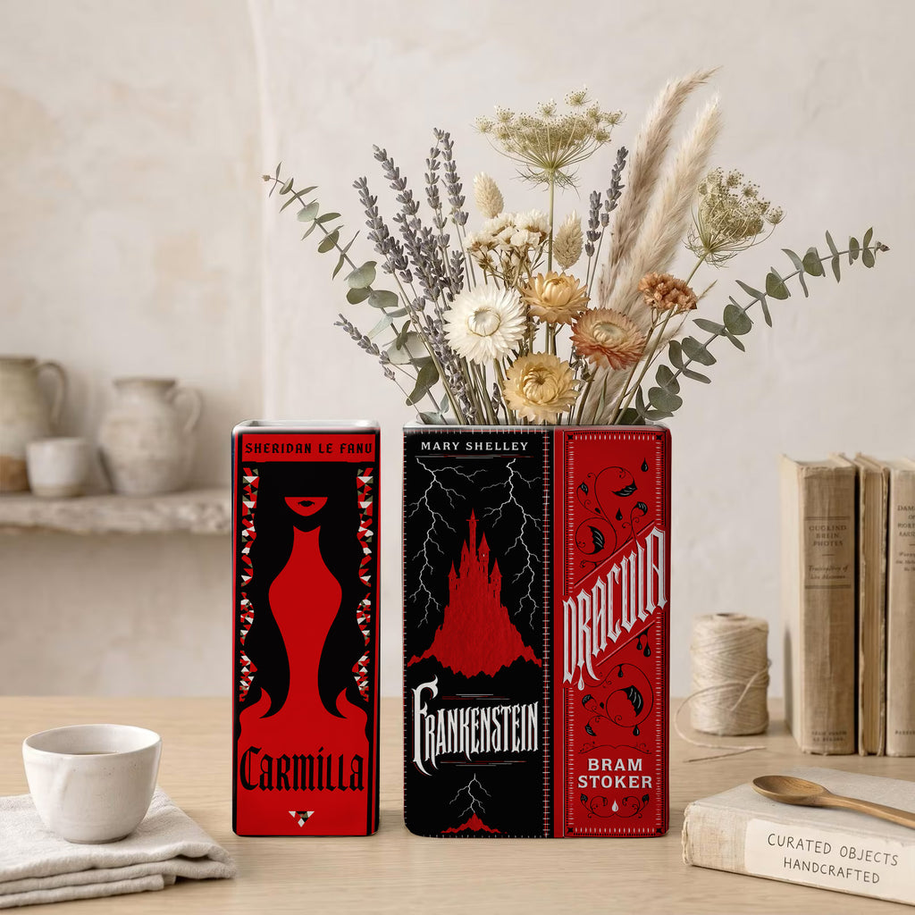Gothic Classic Book Spines Art Ceramic Book Vase - Dark Literature Book Spines Bookish Decor - Unique Gift for Book Lovers