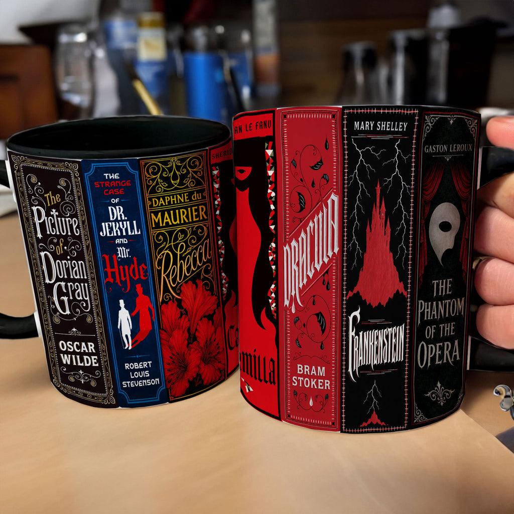 Gothic Classic Book Spines Accent Two-tone Mug - Bookish Two-tone Mug Gift - Unique Gift for Book Lovers