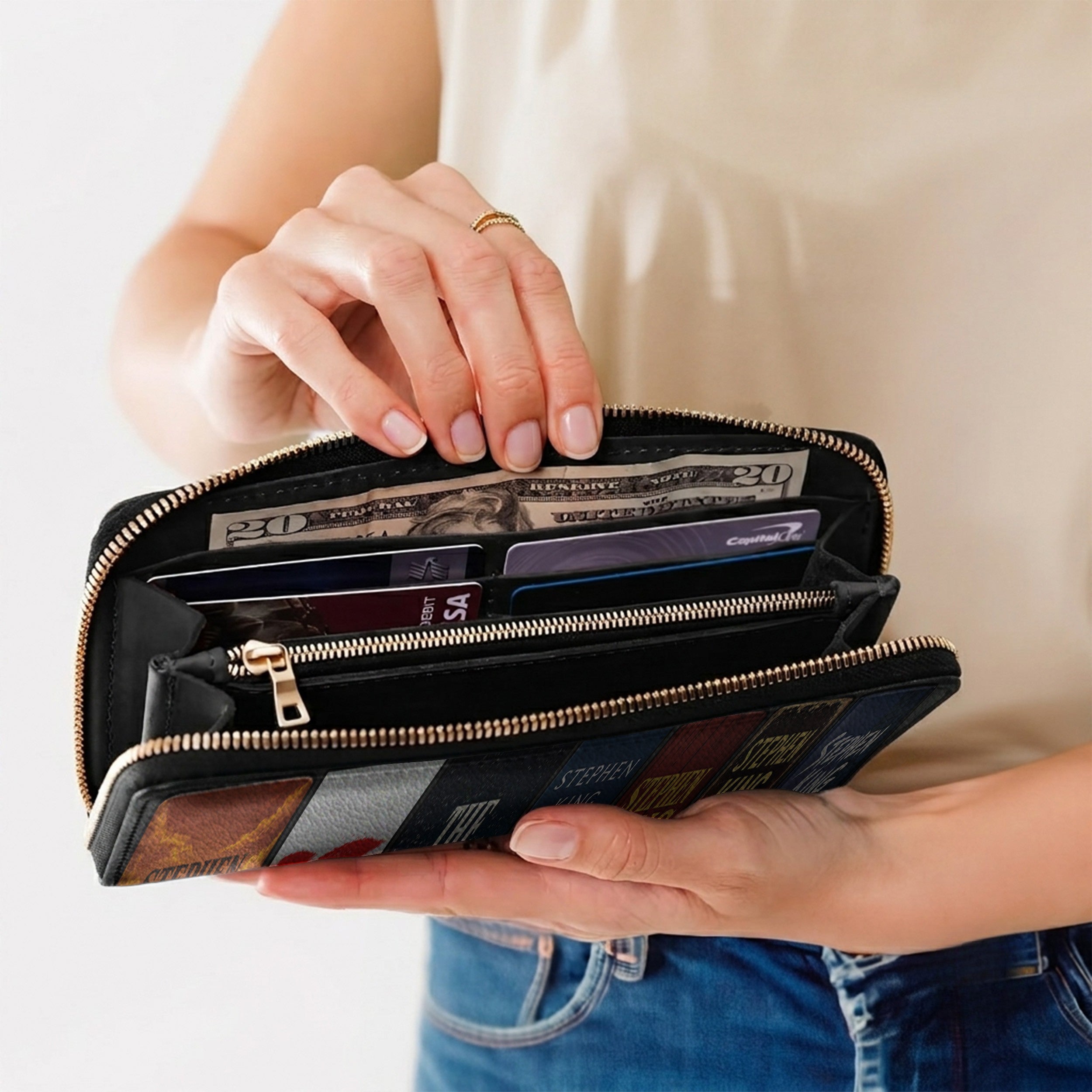 Custom Stephen King Classic Book Spines Leather Handbag & Leather Wallet Collection - Personalized Bookish Handbag for Book Lovers