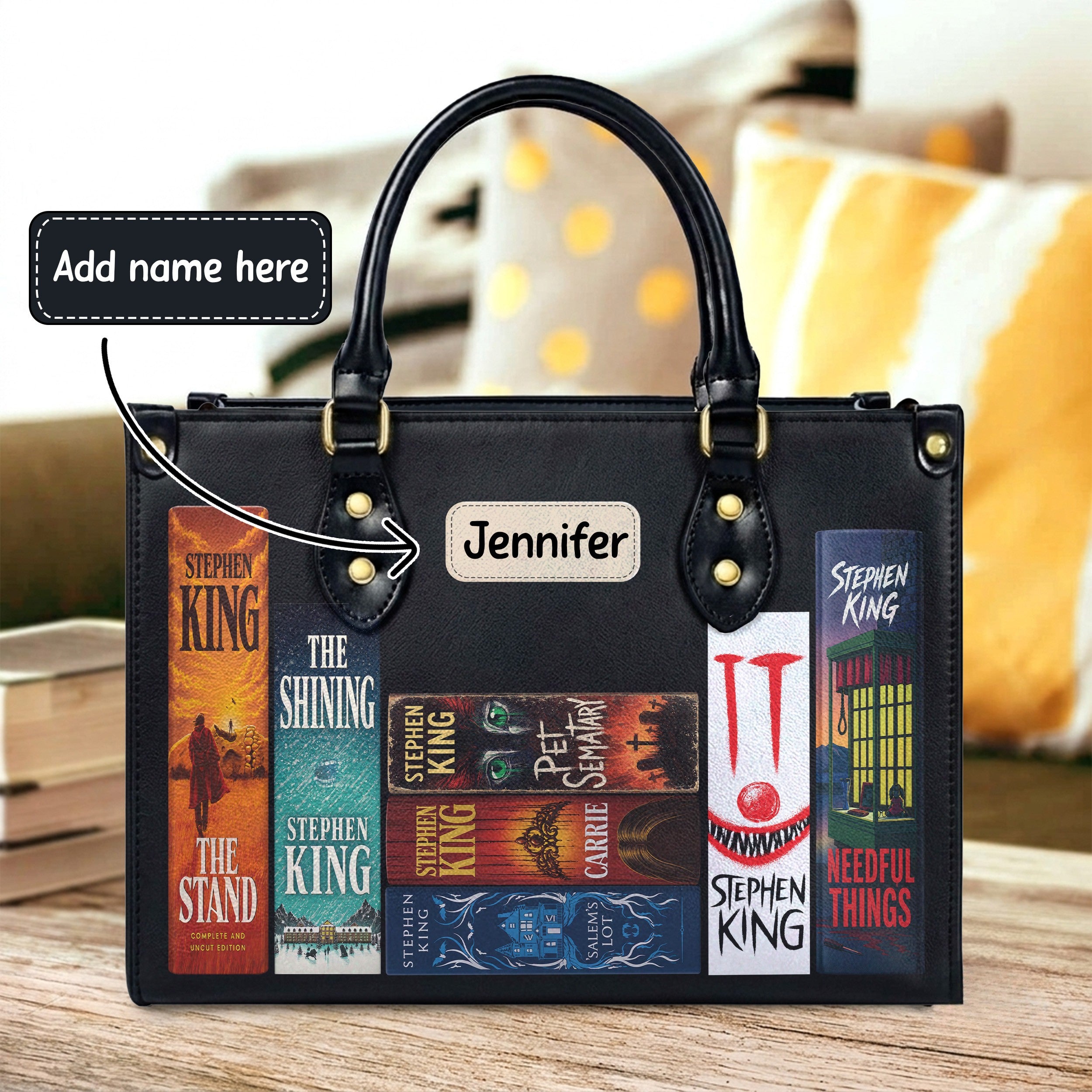 Custom Stephen King Classic Book Spines Leather Handbag & Leather Wallet Collection - Personalized Bookish Handbag for Book Lovers