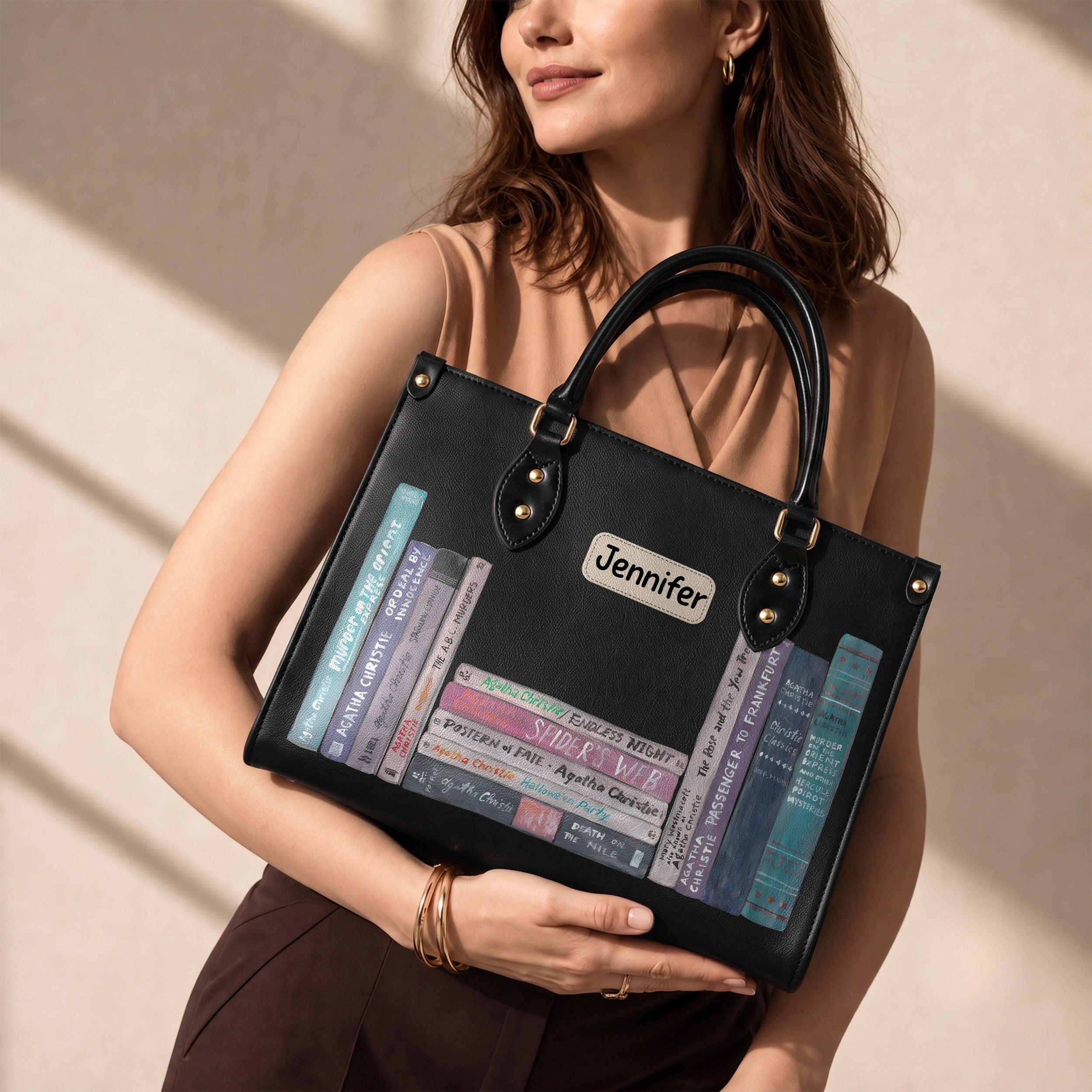 Custom Agatha Christie Classic Book Spines Leather Handbag & Leather Wallet Collection - Personalized Bookish Handbag for Book Lovers