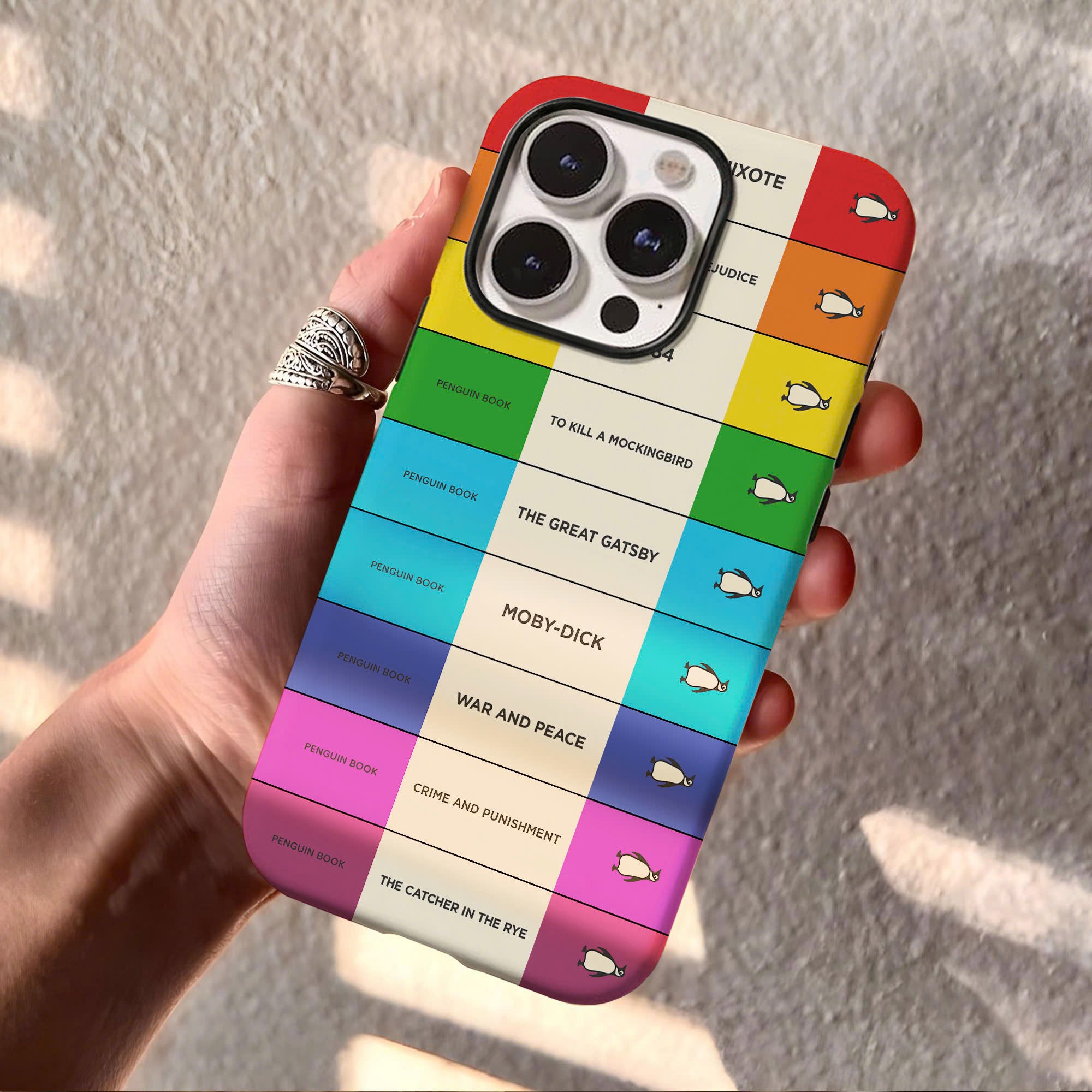 Custom Penguin Book Spines Phone Case - Personalized Hard Phone Case, Dual Layer Shockproof Drop Protection